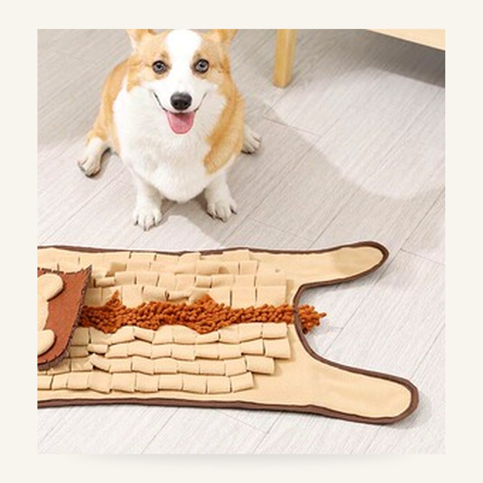 Dog using washable snuffle mat enrichment toy at home